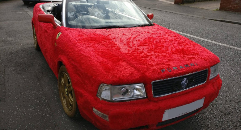 A furry red Furrari seen in Los Angeles