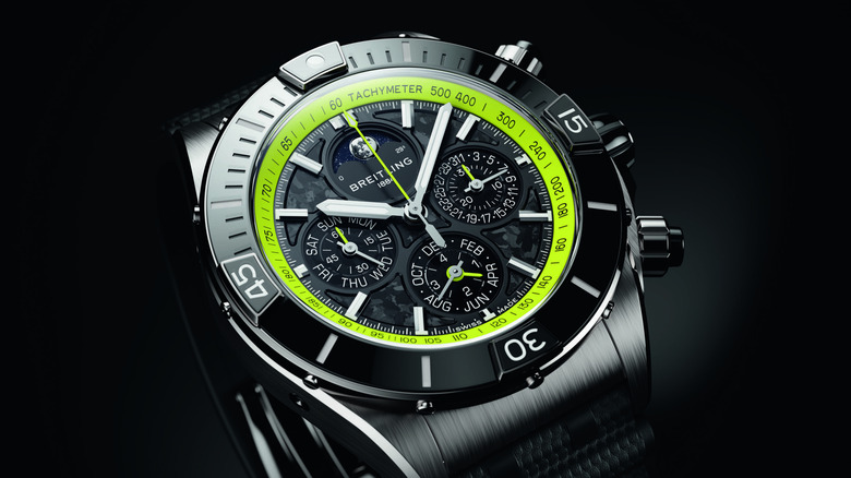 A close-up of an Aston Martin Breitling chronograph watch