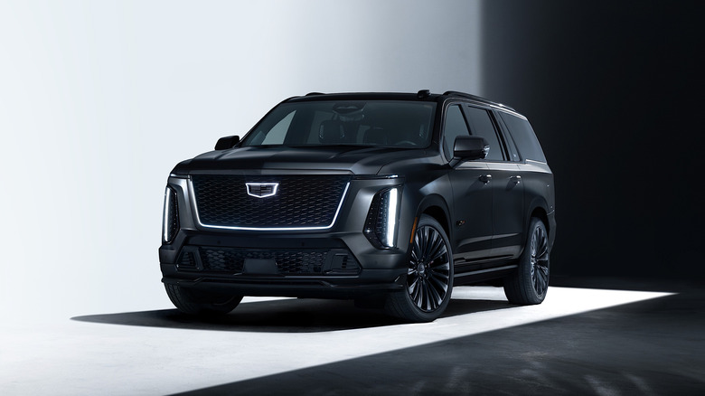 Black Cadillac Escalade-V in front three quarter view