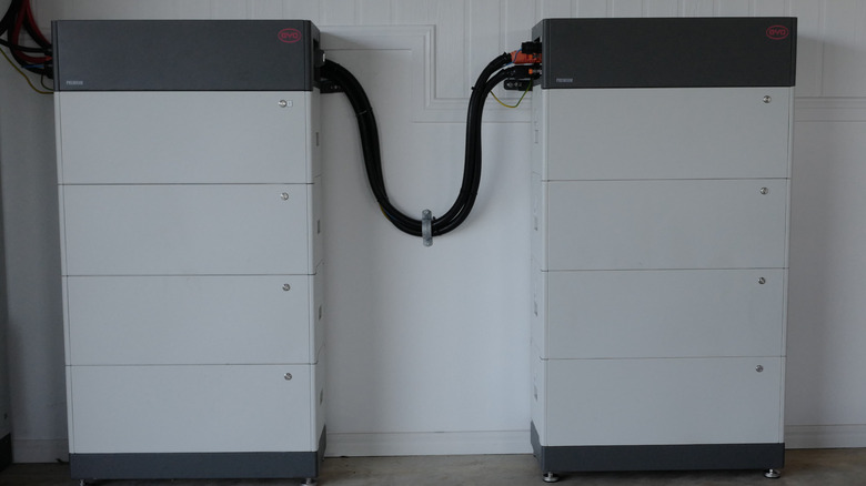 A collection of BYD batteries used to power a home