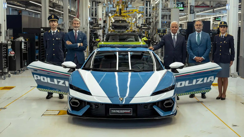 Lamborghini CEO Stephan Winkelmann and Italian Interior Minister Matteo Piantedosi during the Temerario handover to the Italian police