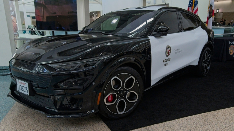 Ford's Mustang Mach-E Pilot Police Vehicle parked inside