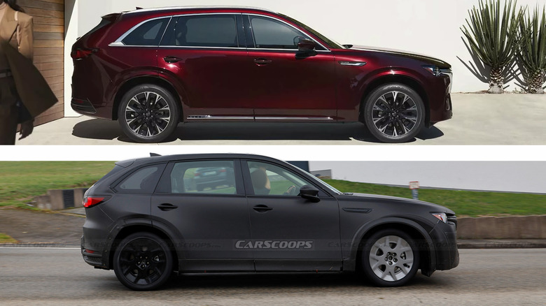 The profile of the Mazda CX-90 compared to the EV mule