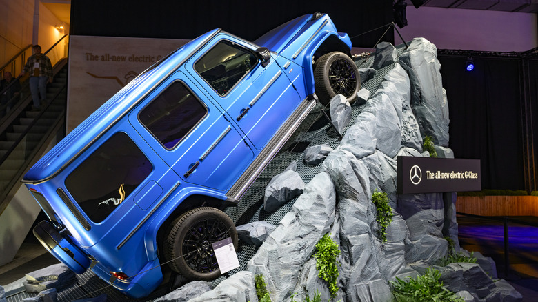 The G580 EQ electric G-Wagon on display at a motorshow