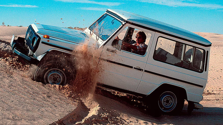 A first-generation short-wheelbase Mercedes-Benz G-Wagon in sand