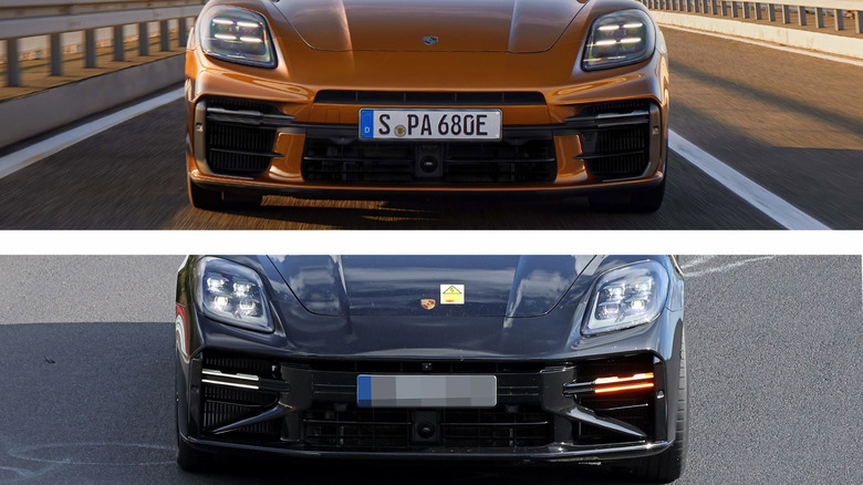 The front bumper of the current Panamera Turbo S E-Hybrid compared to the upcoming facelift.