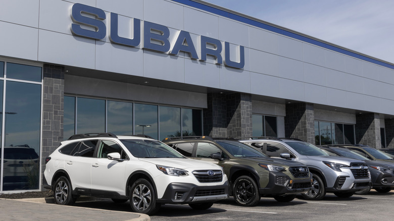 Subaru lineup at a dealership