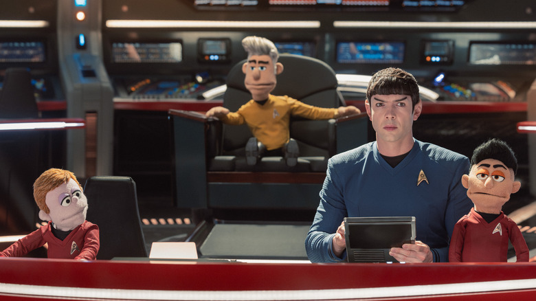 The bridge of the Enterprise, where Spock is the only non-puppet.
