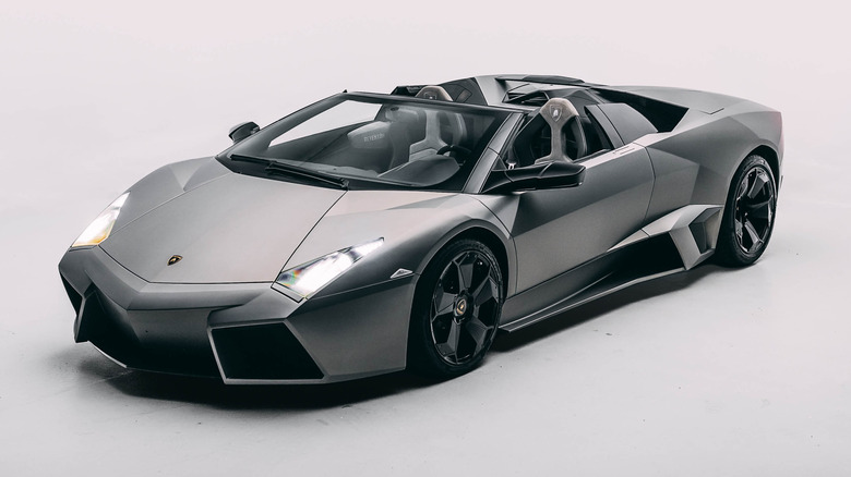 A front three-quarter view of a rare Lamborghini Reventon Roadster
