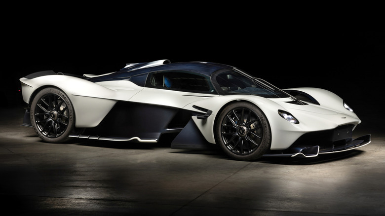 Side view of a white and blue carbon fiber Aston Martin Valkyrie