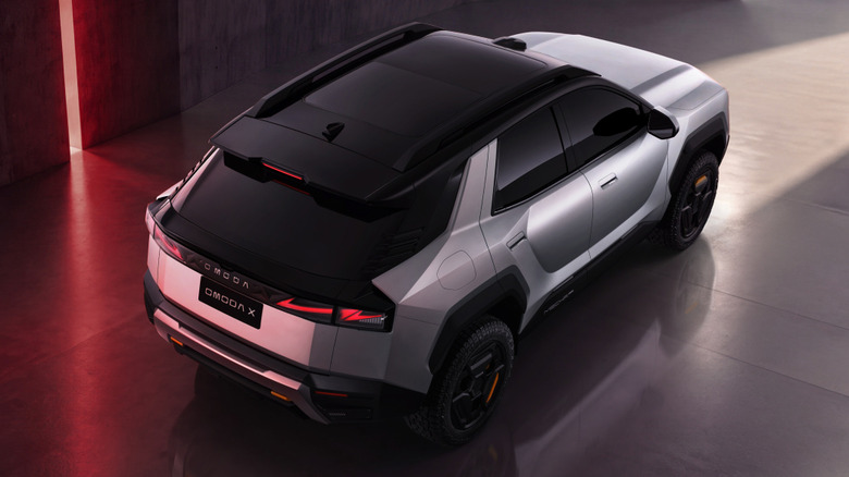 The rear end of the Omoda X seen from the top, highlighting its sculpted profile and bi-tone paint.