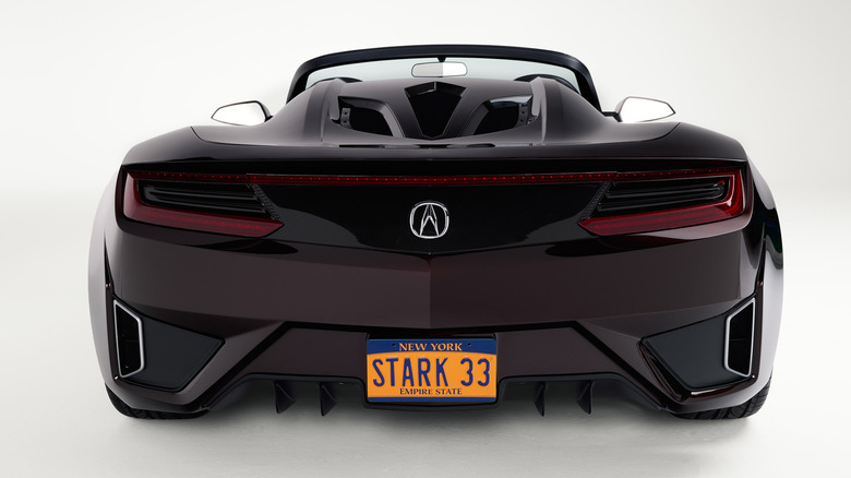 The rear end of the Acura NSX Roadster with its fake "Stark 33" license plate.
