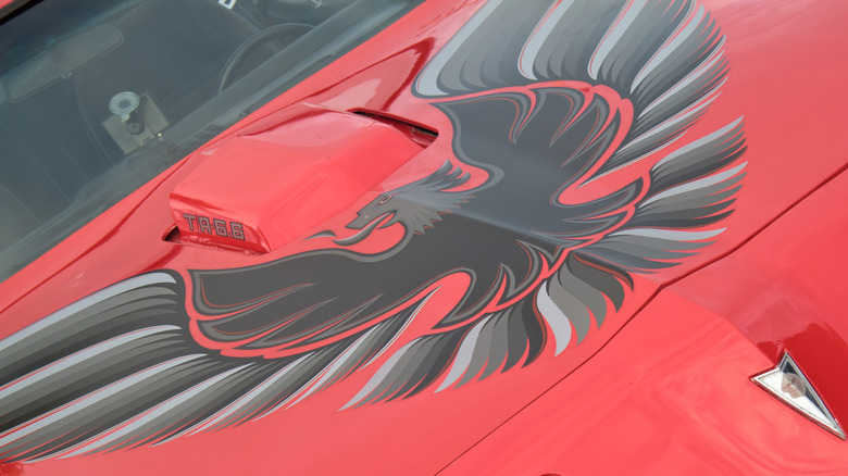 A black version of the graphic on a red Pontiac Firebird Trans Am