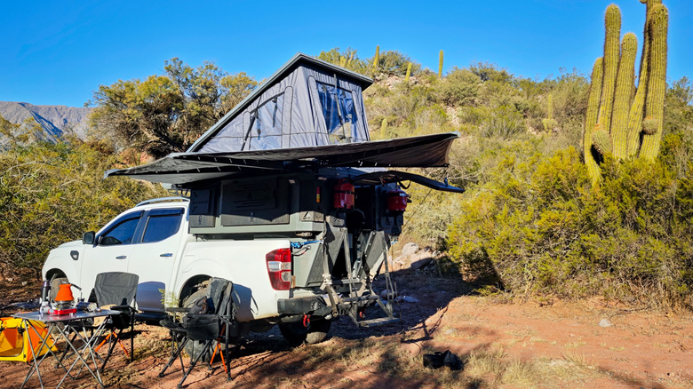 A pickup truck converted to an overlanding set up