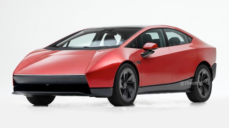 A front three-quarters view of the fictional Tesla Roadster Sedan.