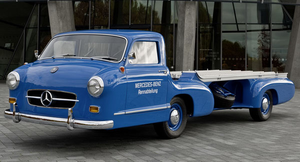 Mercedes-Benz Brings Together Three Generations of Racing Car Haulers Including the 300SL-Powered Blue Wonder