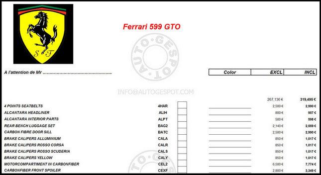  Ferrari 599 GTO Price and Option List Leaked?