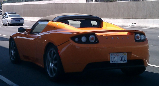  EV Humor: Tesla Roadster with "LOL OIL" License Plate