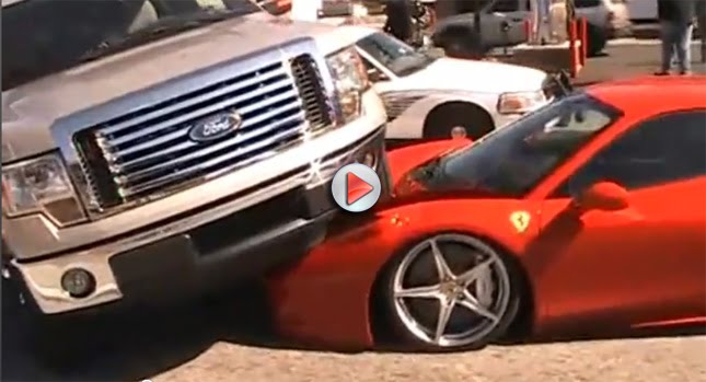  VIDEO: Oops…Ford F-150 Steps Over Ferrari 458 Italia