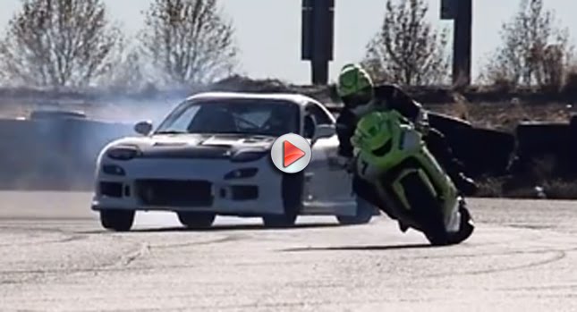  VIDEO: Kawasaki ZX10 takes on Mazda RX-7 with Corvette V8 in Drift Challenge