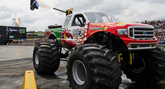  1,308bhp Monster Truck with Scooter Firing Air Canon to Star at Top Gear Live Event