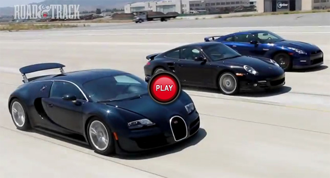  Nissan GT-R Takes on the Bugatti Veyron and the Porsche 911 Turbo S in Straight Line Duel