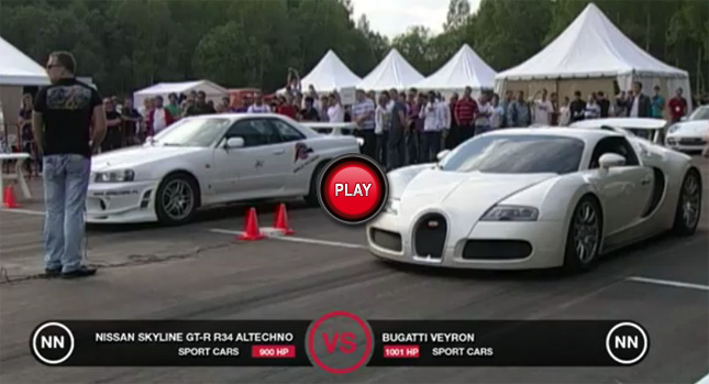 Nissan Skyline GT-R R34 Altechno Clobbers Bugatti Veyron on the Drag Strip  [Video] | Carscoops