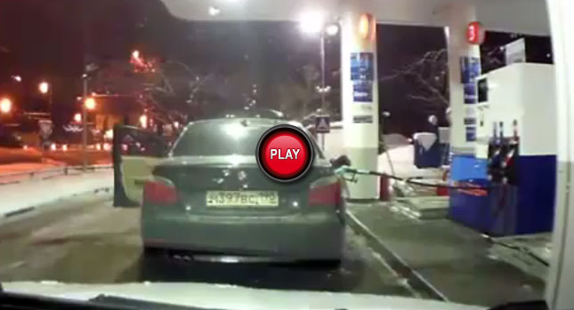  Lady Owner of BMW 5-Series Drives Off with Gas Pump Still Attached on Her Car