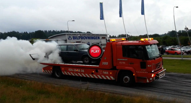  Crazy Swedes do a Burnout with a Tow Truck Carrying a Volvo