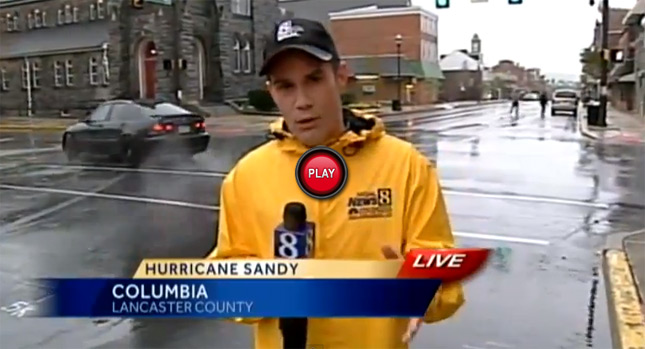  Driver Powerslides by Newsperson Reporting Live on Hurricane Sandy