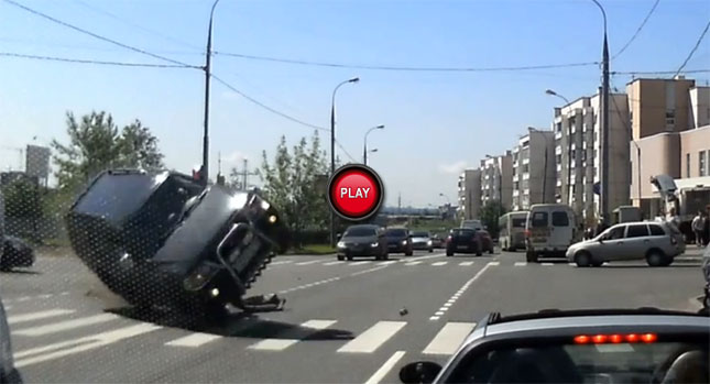  Out of Control SUV on Two Wheels Narrowly Misses Smart Coupe but Ploughs into Camera Car