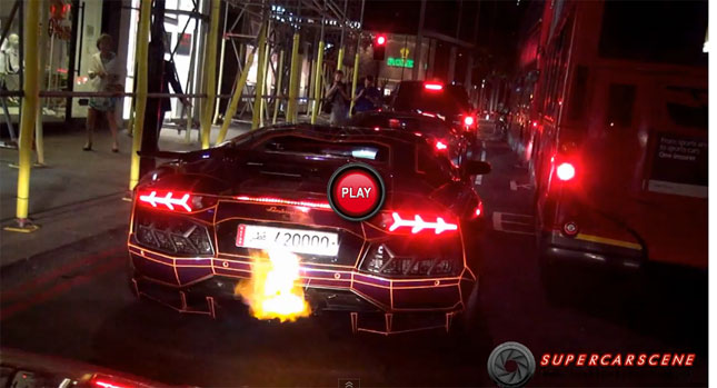  Purple Tron Lamborghini Aventador Out on London's Streets Again Spitting Fire