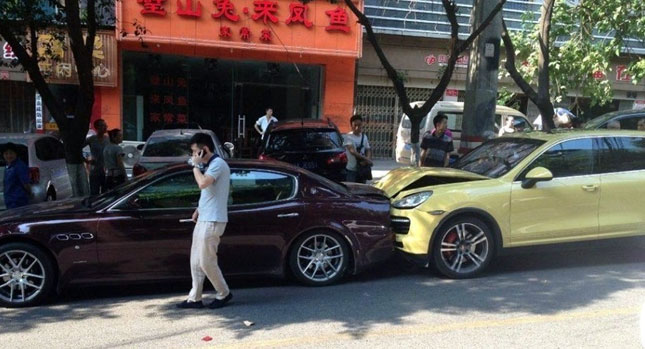  Angry Wife Crashes Porsche Cayenne Turbo Into Husband's Maserati Quattroporte!