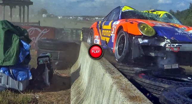  Spectators Duck as Porsche Racing Cars Crash, One Lands Squarely on Top of Tire Wall