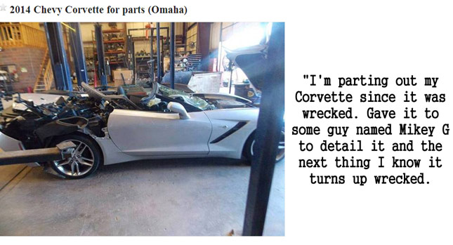 True or Troll? Decapitated 2014 Corvette Pops Up on Craigslist, Seller Claims Detailer Wrecked it