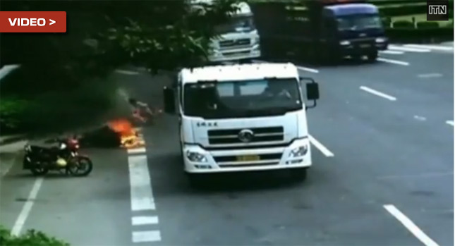  Chinese Scooter Rider Goes Under Truck, Bursts into Flames