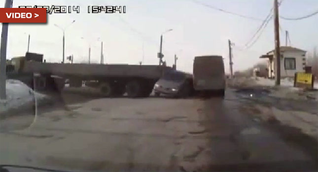  Criminally Careless Truck Driver Pins Renault Into a Pole