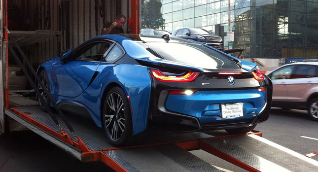 U Spot: Bmw I8 In Protonic Blue Arrives At Javits Center For New York Auto  Show | Carscoops
