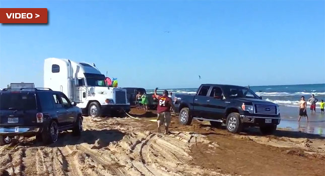  Ford F-150 Shows its Grit Pulling Out Semi Truck Stuck on the Beach