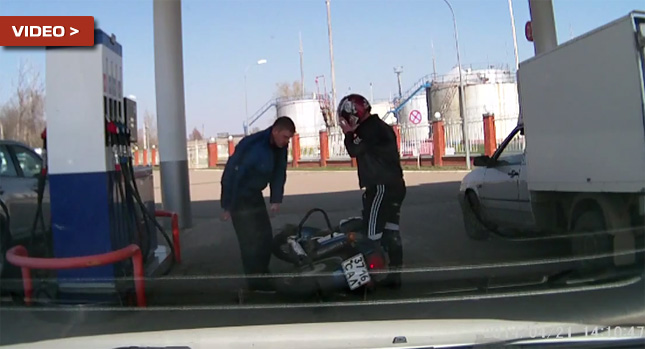  Two Drunken Russian Dudes Try to Fill Up their Motorcycle