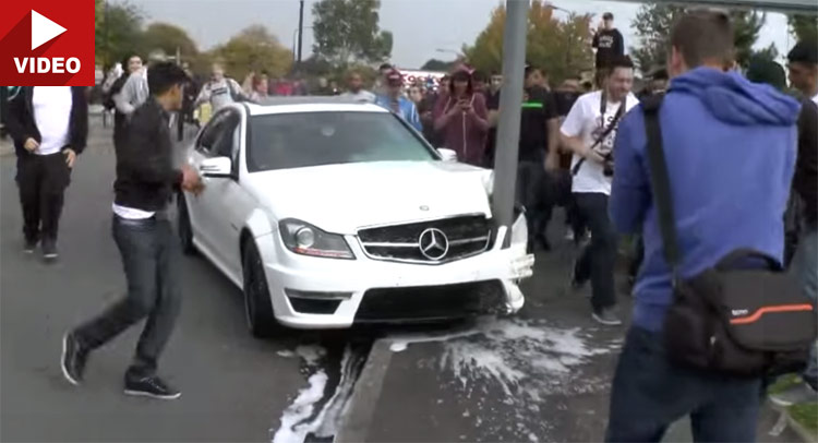  Go-Fast Mercedes-Benz C63 AMG Gumballer Chasing Audi Crashes Into Sign