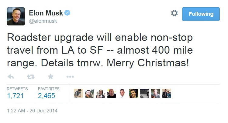  Elon Musk Tweets Tesla Roadster 3.0 Upgrade Will Double Range to 400 Miles