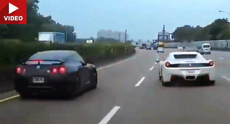  Asshat in Ferrari 458 Causes Nissan GT-R to Crash Into Another Car!