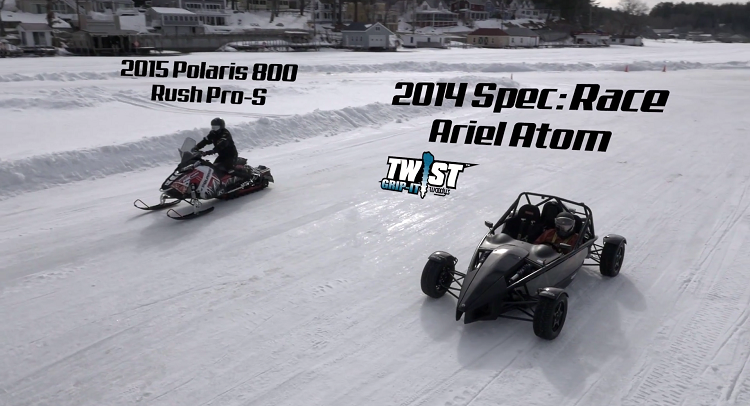  Who Wins? Ariel Atom Vs. Polaris Snowmobile In Drag Race On Ice