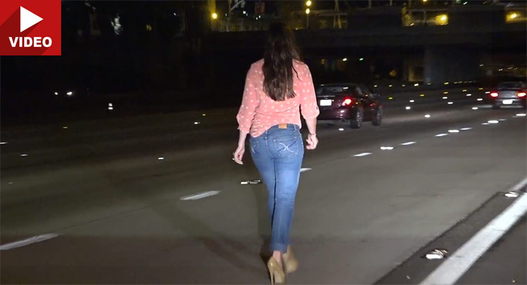  WTH? Wasted Gal Stops Car In The Middle Of The Highway And Wanders Around!