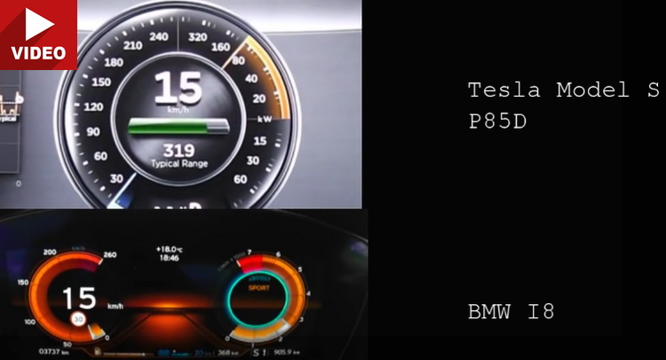  Racing From a Distance: Tesla Model S P85D & BMW i8 Go 0-200 km/h
