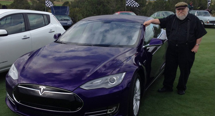  GOT’s George R. R. Martin Takes Purple Tesla Model S To Club Meeting
