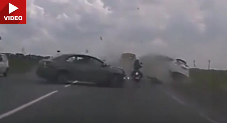 Motorcycle Rider Miraculously Unharmed By Car Accident