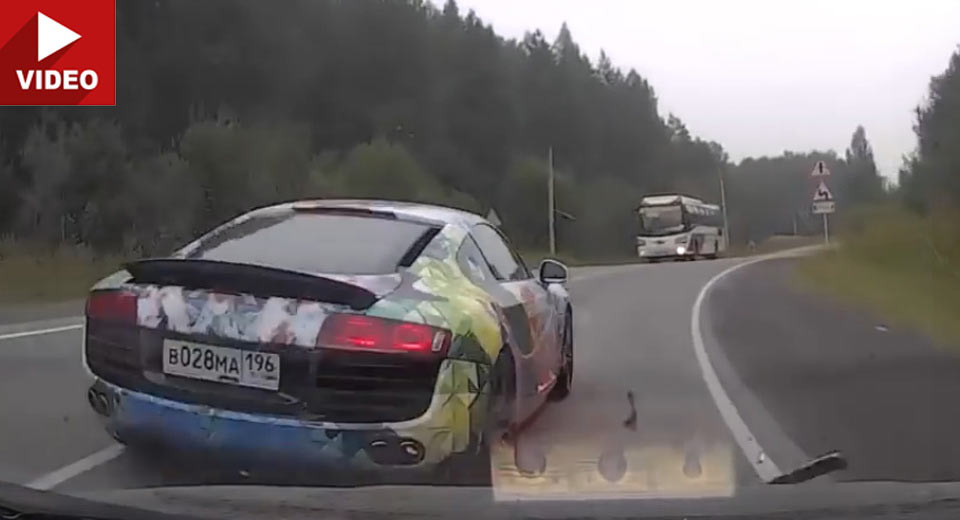  Idiotic Audi R8 Driver Side Swipes Car While Overtaking Into Oncoming Traffic