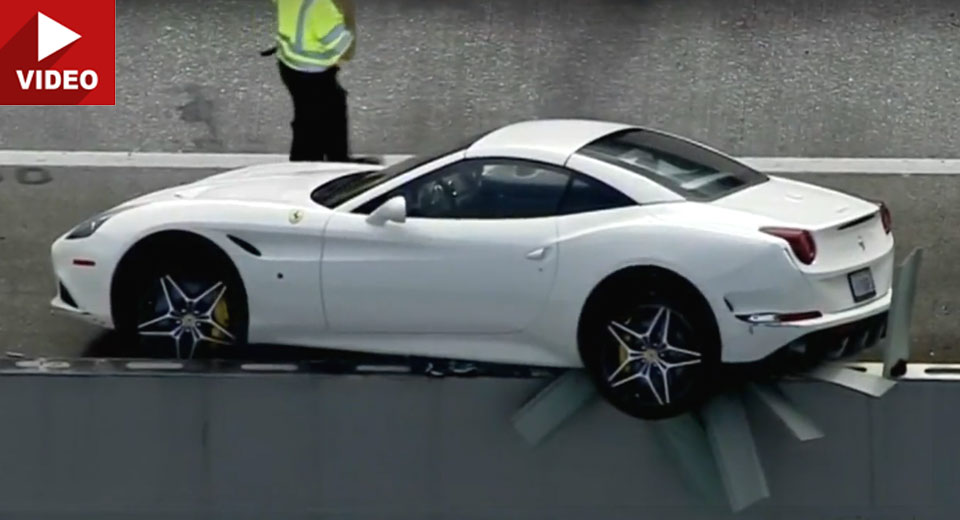 Ferrari California T Somehow Ends Up On Highway Barrier